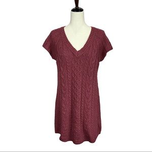 SO Cable Knit V-neck Short Sleeve Tunic Sweater Dress
